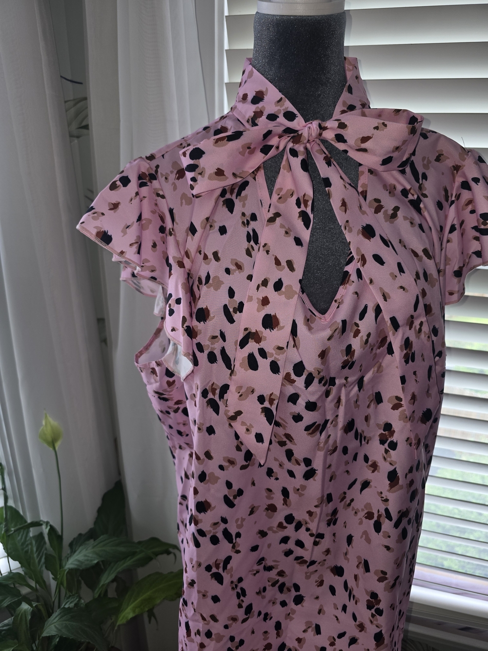 SHEIN Pink Animal Dot Tie-Neck Blouse